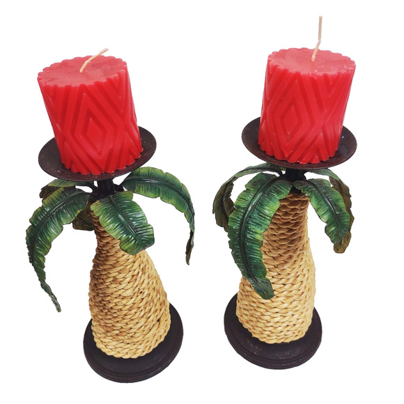 Pair of 2 Metal Sisal Rope Palm Tree Tiki Aloha Candleholder Pillar Candle Stand - Picture 3 of 9